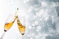 New Years eve concept with bokeh, fireworks and glasses of champagne Royalty Free Stock Photo