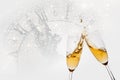 New Years eve concept with bokeh, fireworks and glasses of champagne Royalty Free Stock Photo