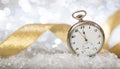 New Years eve countdown. Minutes to midnight on an old watch, bokeh festive background