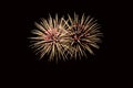 New Years Eve fireworks, two tacets exploding like two wonderful bouquets of flowers in yellow orange red light in front of a Royalty Free Stock Photo