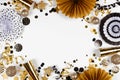 New Years Eve frame of gold and black decorations over a white background Royalty Free Stock Photo