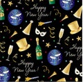 New years eve pattern with top hats, champagne masks and confetti Royalty Free Stock Photo