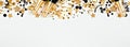 New Years Eve top border of gold and black confetti, streamers and champagne over a white banner background Royalty Free Stock Photo