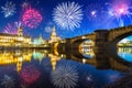 New Years firework display over the Elbe River in Dresden, Saxony. Germany Royalty Free Stock Photo