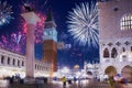 New Years firework display over the Venice city, Italy