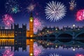 New years fireworks display over the Big Ben and Westminster Bridge in London, UK Royalty Free Stock Photo