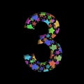 New Years font. Digit three, 3 cut out of black paper on the background of bright colored stars of different sizes. Set of New