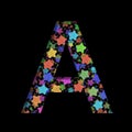 New Years font. The letter A cut out of black paper on the background of bright colored stars of different sizes. Set of New Year