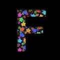 New Years font. The letter F cut out of black paper on the background of bright colored stars of different sizes. Set of New Year