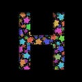 New Years font. The letter H cut out of black paper on the background of bright colored stars of different sizes. Set of New Year