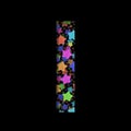 New Years font. The letter I cut out of black paper on the background of bright colored stars of different sizes. Set of New Year