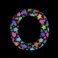 New Years font. The letter O cut out of black paper on the background of bright colored stars of different sizes. Set of New Year