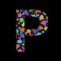 New Years font. The letter P cut out of black paper on the background of bright colored stars of different sizes. Set of New Year