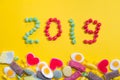 New years 2019. Pile of delicious colourful chewing candies background. Colourful sweets with space for your text Royalty Free Stock Photo