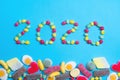 New years 2020. Pile of delicious colourful chewing candies background. Colourful sweets with space for your text