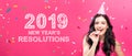 2019 New Years Resolutions with young woman with party theme Royalty Free Stock Photo