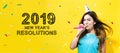 2019 New Years Resolutions with young woman with party theme Royalty Free Stock Photo