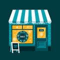 New years sale in store illustration. Small green market with canopy roof and christmas wreaths and stand.