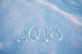 New years sign 2018, handwritten on fresh snow, greeting card de