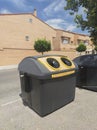New yellow dumpster placed at residential area Royalty Free Stock Photo
