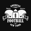 New York, american football print for sports apparel with helmet and ball. Typography emblem for t-shirt. Vector illustration.