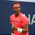 Grand Slam champion Rafael Nadal of Spain in action during his US Open 2017 first round match Royalty Free Stock Photo