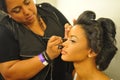 NEW YORK - AUGUST 08: Model getting ready backstage at Top Model Latina 2014 Royalty Free Stock Photo