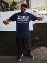 President Donald Trump supporter wears t-shirt with sign `Trump is my President`