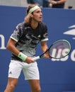Professional tennis player Stefanos Tsitsipas of Greece in action during his 2019 US Open first round match