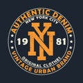 New York authentic denim, vintage urban brand graphic for t-shirt. Original clothes design with grunge. Retro apparel print.