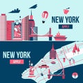 New York banner. Manhattan USA skyline silhouette cartoon design vector illustration. Royalty Free Stock Photo