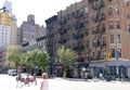 New York brick buildings with outside fire escape stairs