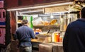 New York, Broadway at night. Take away fast food kiosks selling hot dog Royalty Free Stock Photo