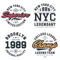 New York, Brooklyn t-shirt design collection. T-shirt print design in American college style. Athletic typography for tee shirt Royalty Free Stock Photo