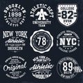 New York, Brooklyn typography, badges set for t-shirt print. Varsity style t-shirt graphics