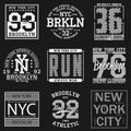 New York, Brooklyn typography. Set of athletic print for t-shirt design. Graphics for sport apparel. Vector. Royalty Free Stock Photo
