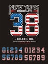 New York, Brooklyn 38 typography, set numbers USA flags, vector illustrations