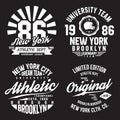 New York, Brooklyn typography for t-shirt print. Sports, athletic t-shirt graphics set. Badge collection