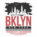 New York, Brooklyn typography for t shirt print. T shirt graphics with city skyline silhouette