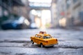 Classical taxi model car parked on an old street in Brooklyn near Brooklyn bridge Royalty Free Stock Photo