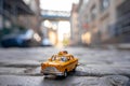 Classical taxi model car parked on an old street in Brooklyn near Brooklyn bridge Royalty Free Stock Photo