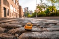 Classical taxi model car parked on an old street in Brooklyn near Brooklyn bridge Royalty Free Stock Photo