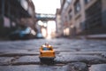 Classical taxi model car parked on an old street in Brooklyn near Brooklyn bridge Royalty Free Stock Photo