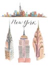 New York building Doodle set. American travel symbols in hand drawn sketch. Watercolor. Royalty Free Stock Photo