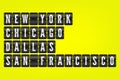 New York Chicago Dallas San Francisco american cities flip symbols. Vector scoreboard illustration. Black and white airport signs