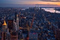 New York City aerial view of the skyscrapers of Manhattan at twilight. Midtown and Lower Manhattan, New York City, NY, USA Royalty Free Stock Photo