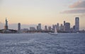 New York City,August 2nd:New Jersey City skyline and Statue of Liberty at sunset over Hudson river Royalty Free Stock Photo