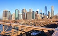 New York City Brooklyn Bridge in Manhattan closeup with skyscrapers and city skyline over Hudson River. Royalty Free Stock Photo