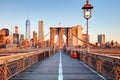New York City Brooklyn Bridge in Manhattan closeup with skyscrapers and city skyline over Hudson River. Royalty Free Stock Photo