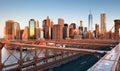 New York City Brooklyn Bridge in Manhattan closeup with skyscrapers and city skyline over Hudson River Royalty Free Stock Photo